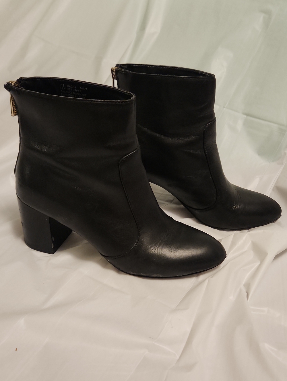 Sears Women’s Black Leather Ankle Boots - Block Heel - Gold Zipper and Accent